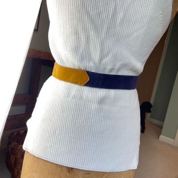 Vintage 70s Country Set Yellow and Navy Hippie Fringe Belt - One Size - Picture 3 of 10